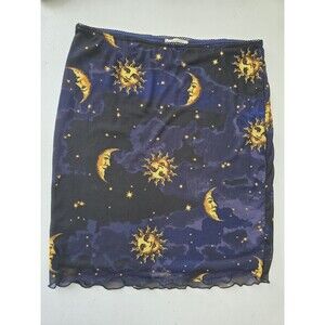 Celestial Sun Moon Mesh Mini Skirt Cosmic Print Sheer Overlay Witchy Mystic L